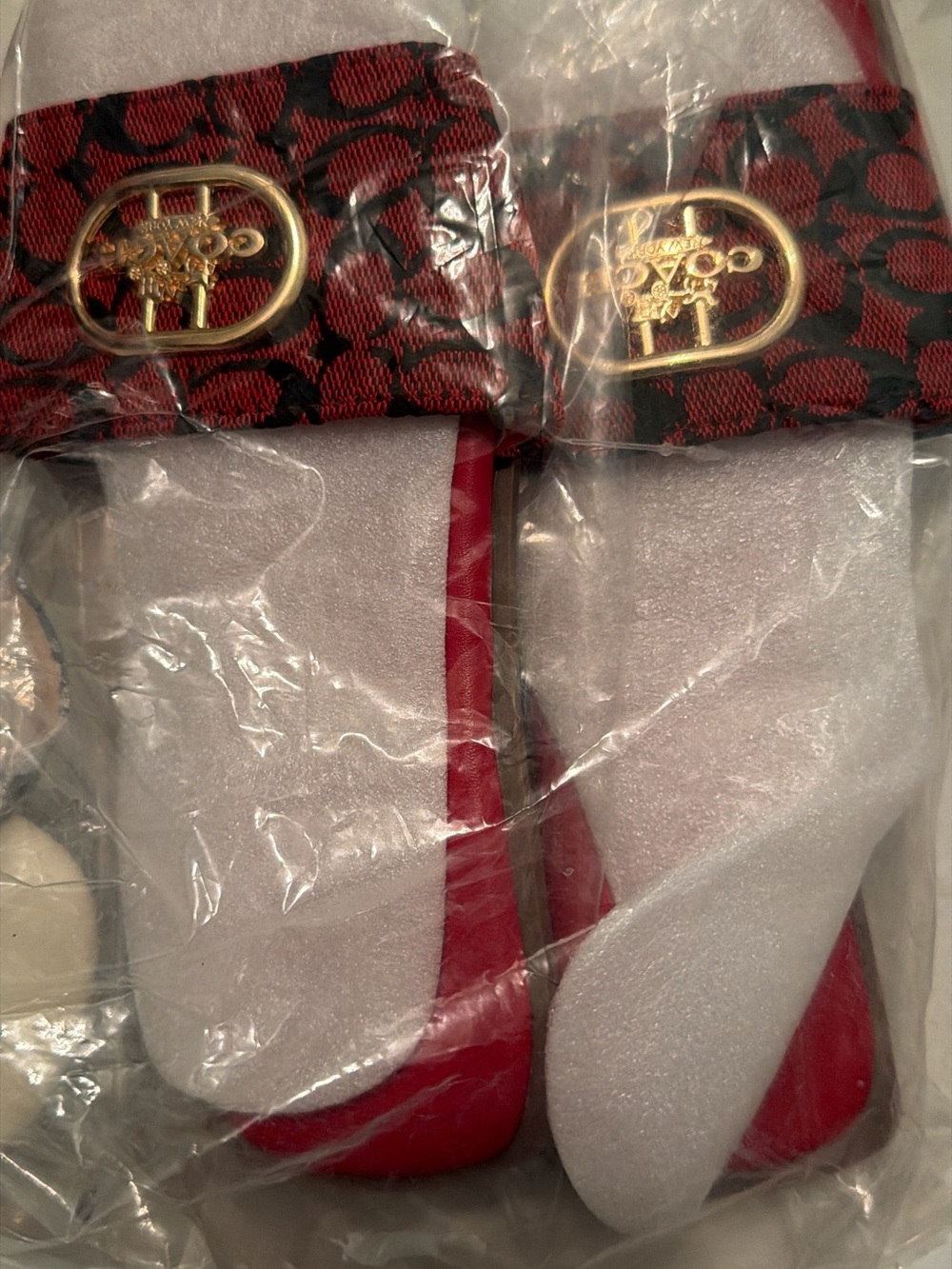 Coach Red and Black Logo Slide Sandals with Gold Hardware